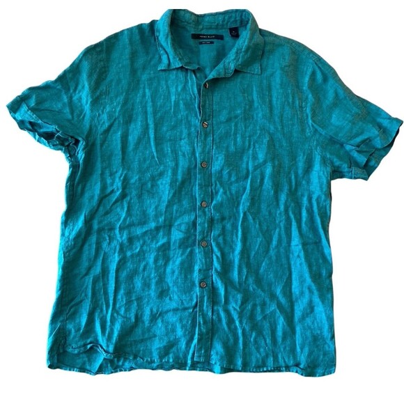 Perry Ellis Men’s 100% Linen Short‎ Sleeve Button Shirt Teal XL Casual Summer - Picture 2 of 8